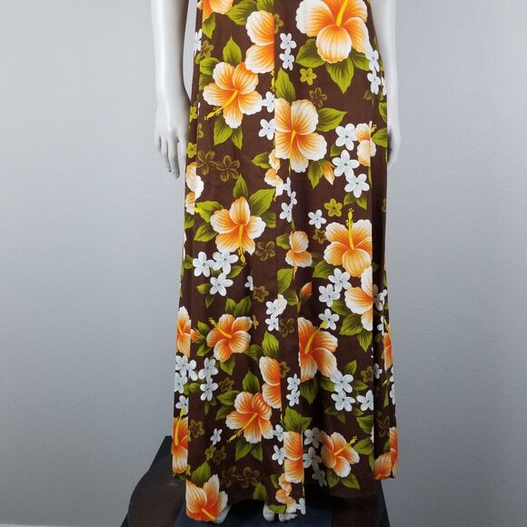Ui-Maikai Hawaiian VTG 70s Empire  Hibiscus Print Maxi Brown Dress Size Small - Picture 4 of 13